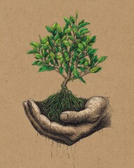 Green roots cradled by caring hands in rich earth representing eco-conscious growth and sustainability
