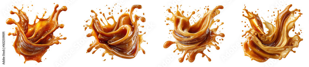 Poster four dynamic brown liquid splashes create an abstract and energetic motion on a transparent backgrou