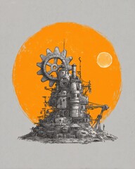 Sunrise build with massive gear and urban project scene symbolizing growth and engineering
