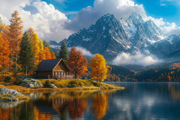 Fototapeta premium A cabin sits on the shore of a lake surrounded by trees