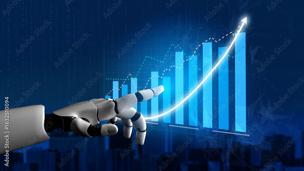 Poster a futuristic robotic hand points towards a data chart, symbolizing technological advancement and gro