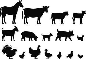 Farm Animal Silhouettes Vector Set – Horses, Cows, Goats, Pigs, Chickens, Ducks, Turkeys, and Baby Animals Clipart Collection