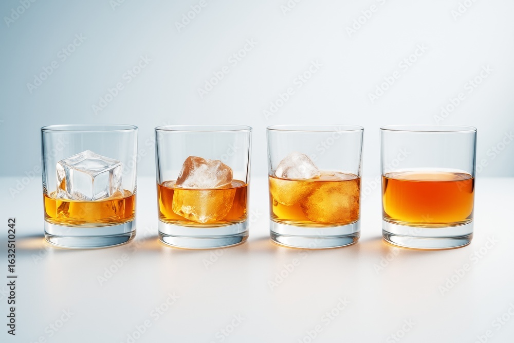 Poster four whiskey glasses with different ice cubes on clean white surface and soft gradient light backgro