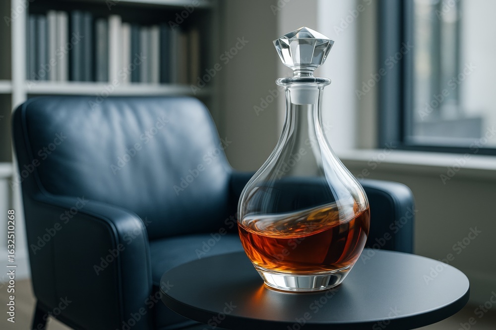 Poster elegant decanter with amber liquor on black table in modern lounge with leather chair and bookshelf 