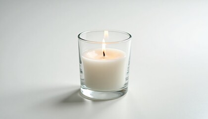 White candle burning in glass jar on neutral background  