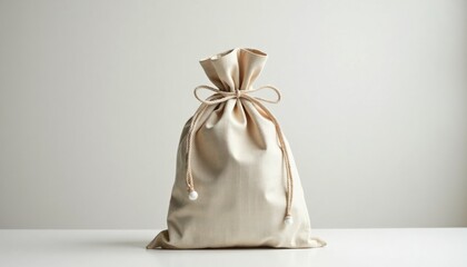 Fabric bag tied with string on white background  