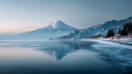 Frozen lake with majestic mountain in the distance