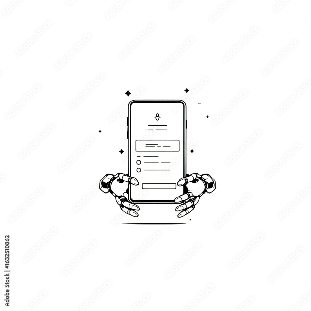 Poster Robotic hands holding a smartphone displaying a user interface with login fields, isolated on a transparent background, symbolizing technology and digital interaction
