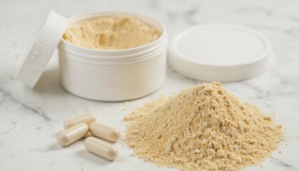 White marble countertop with packets of powdered vitamin C, ground ginger. 100 gram packets with powdery texture. Small white cap on corner. Collagen, joint health, nutrition, protein, powder