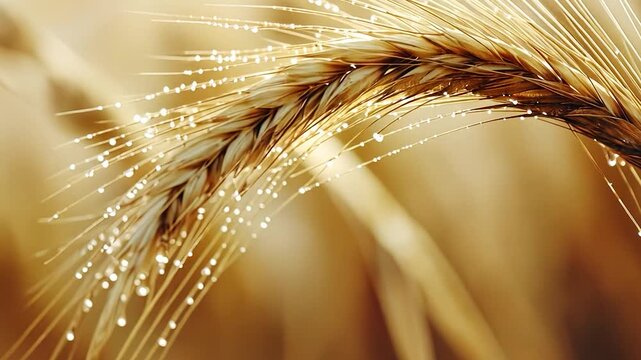 Close-up of a wheat ear with dew drops