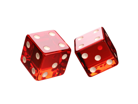 Twin Red Dice with Sparkling Light Bursts and Hovering Effect Isolated on Transparent 