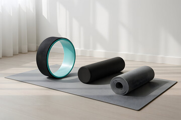 Yoga Wheel and Foam Roller on Mat
