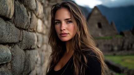 A woman stands by an old stone wall at Machu Picchu, admiring the stunning mountain view