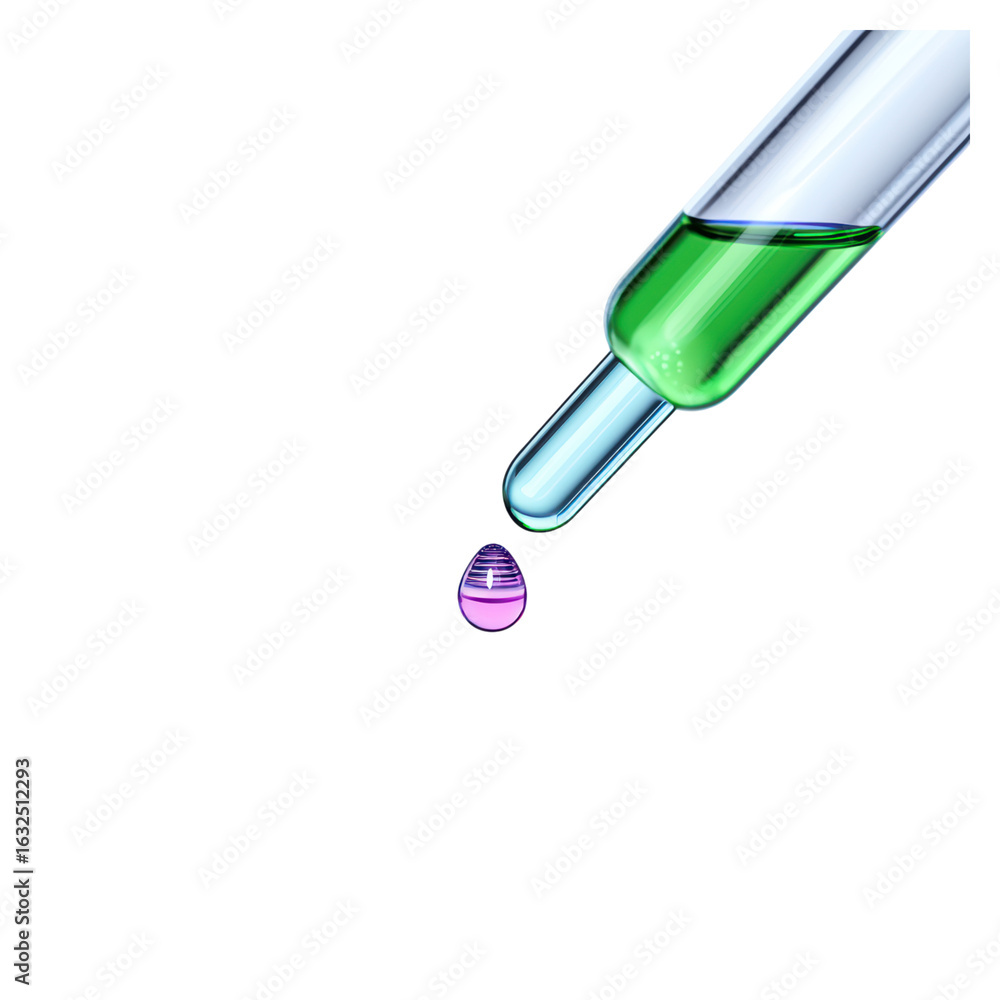 Poster drop of color from a pipette with vibrant liquid inside, isolated on transparent background.