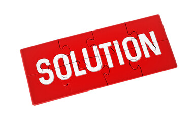 Jigsaw puzzle pieces forming solution text on transparent background. 3D illustration