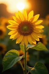 Obraz premium Single sunflower facing sun, intense light and shadow , one, light, blossom