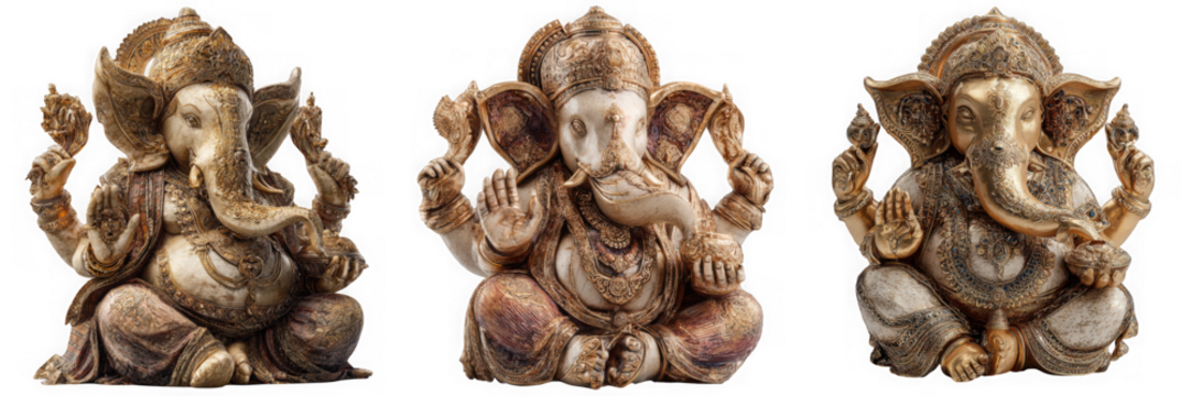 Three statues of ganesha, the hindu god of wisdom and prosperity, are displayed on a transparent background