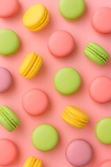 Obraz premium Pastel Colored Macarons on Pink Background – Minimal Dessert Pattern