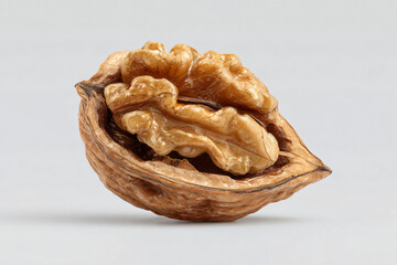 Fototapeta premium Open walnut shell with clean kernel on gray background