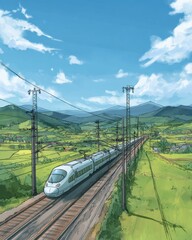 Modern rail system with countryside view on fast track ideal for sustainable transport themes

