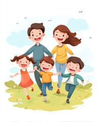 Kids running toward joyful parents under open sky showcasing energetic family moments
