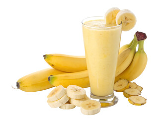 Glass of banana smoothie with bananas on white background.
