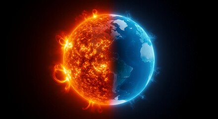 Dynamic solar flares engulf half of Earth, contrasting with a cool, star-filled cosmic expanse.