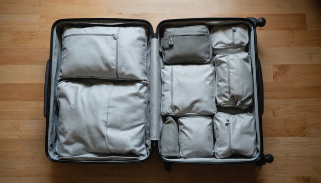 Black suitcase stands on wooden floor with four grey packing cubes inside. Cubes arranged compactly for efficient travel. Organization, storage, packing well-planned. Perfect for trip, holiday,