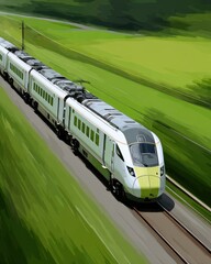 Sleek train gliding through green fields with motion blur symbolizing eco-speed transportation
