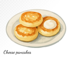 Delicious watercolor cheese pancakes on a white plate with sour cream, traditionally known as syrnyky, perfect for breakfast or dessert. Vector illustration.