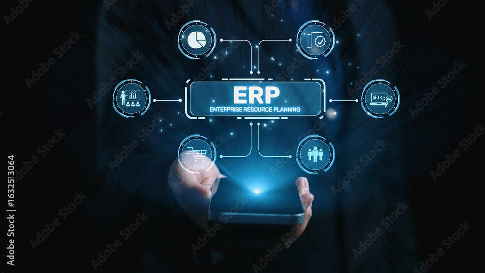 Poster erp platform visual showing centralized system for enterprise resource planning, improving integrati