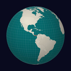 Republic of Panama on the map. Globe centered to Panama. Country location on the world map. Teal Pale Mint color palette. Globe with countries, meridians and parallels. Authentic vector illustration.
