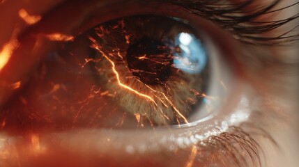 Slowmotion image of blinking eye showing unstable tear film breaking apart amid rippling heatwave effects on the corneal surface.