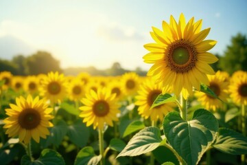 Fototapeta premium Sunflowers in field, varied growth stages, sunlight , outdoor, fine art