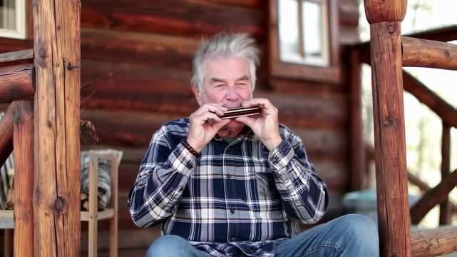 An elderly man plays the harmonica on the porch of his rustic log cabin home
