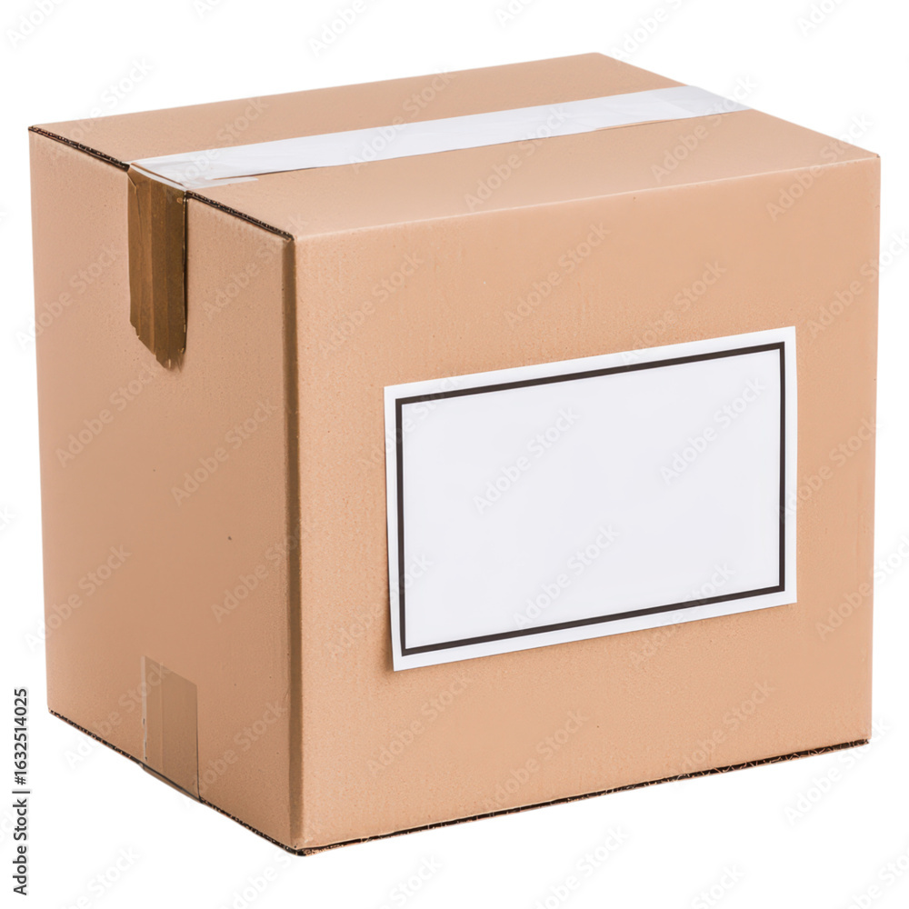 Poster plain brown box for shipping and storage use with label space, isolated on transparent background.