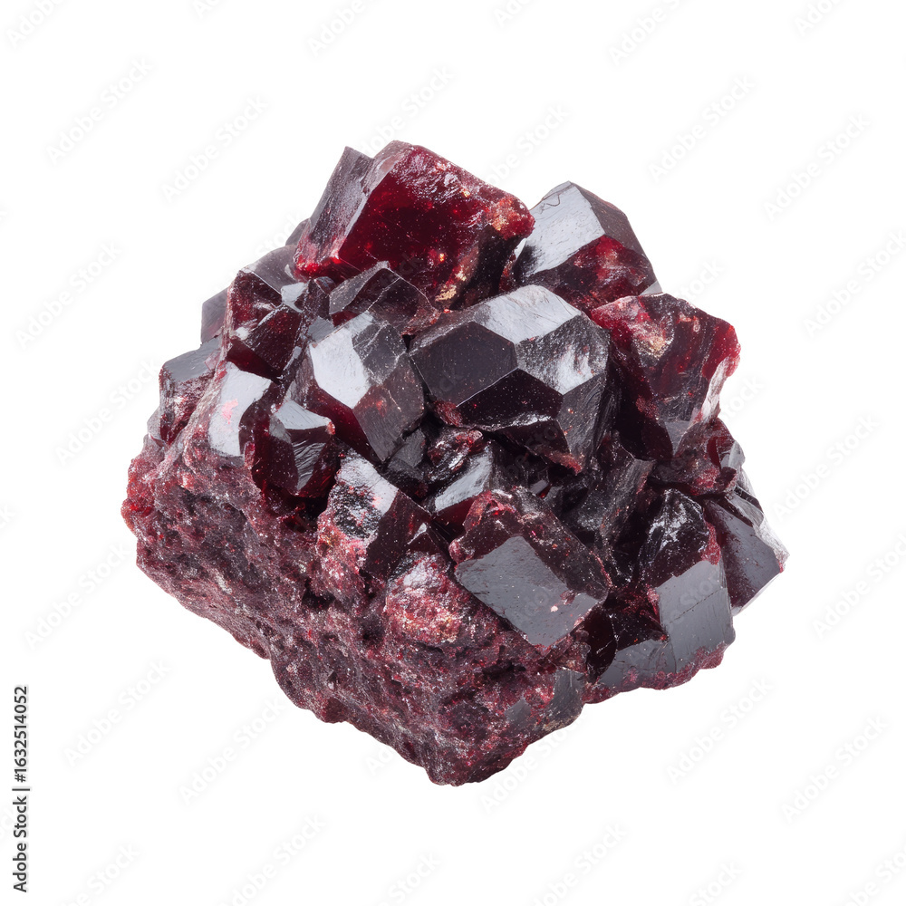 Poster detailed close-up of a dark red garnet crystal cluster on a white background with sharp edges and gl