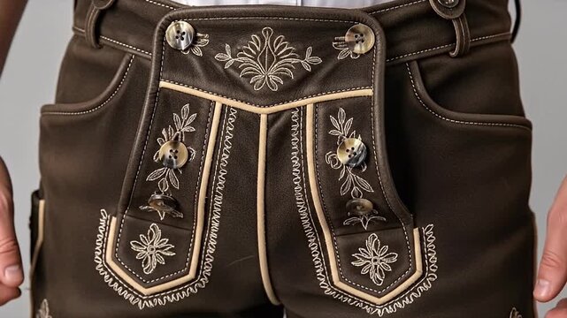 Traditional Bavarian Lederhosen with Elaborate Embroidery and Classic Design on Dark Brown Leather