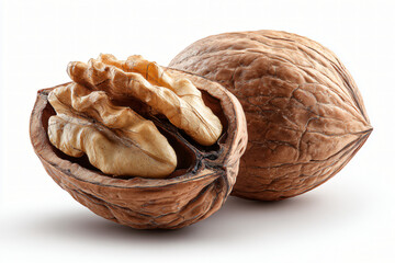 Whole and open walnut on white background