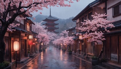 Serene Japanese street scene in Kyoto with traditional wooden houses, shops adorned with pink cherry blossoms. Temple with traditional roof, steep slope visible in distance. Overcast sky adds to