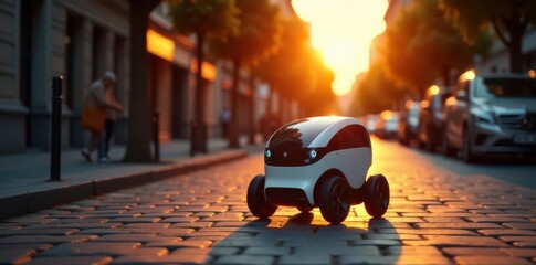 Sunrise illuminates autonomous delivery robot navigating cobblestone street , dawn, wheels, sunrise