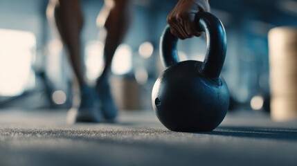 Medium shot capturing smart adjustable kettlebell dynamically changing load as athlete lifts weights sleek design and mechanics clear gym environment blurred for emphasis.