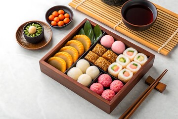 Japanese bento box with sushi, mochi, and dumplings on a wooden table, a traditional and gourmet meal for lunch or dinner, a culinary still life