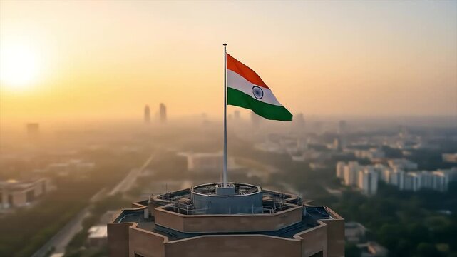 Celebrating Independence Day India with the tricolor national flag flying high above a misty cityscape during a glorious golden sunrise.