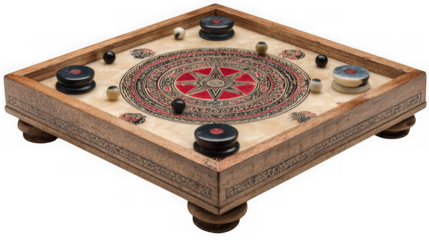 Close up of a vintage carrom board game with strikers and pieces ready for play a popular pastime for family and friends isolated on transparent background