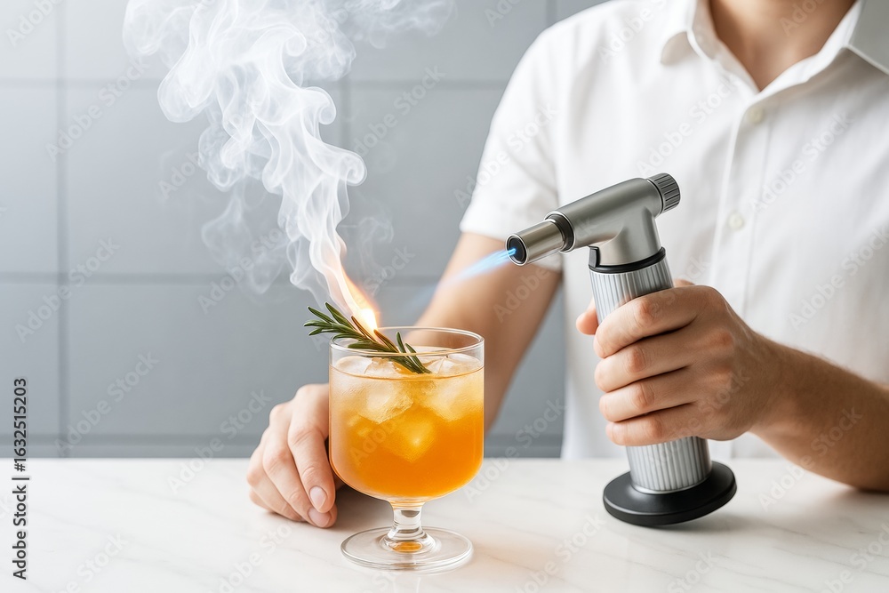 Poster bartender torching rosemary garnish on cocktail with smoke rising from flame in modern bar setting o