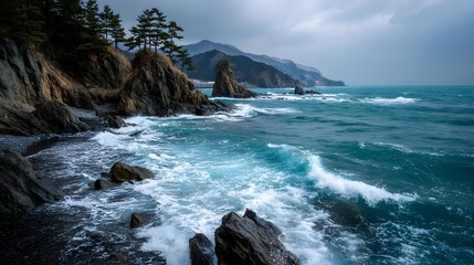 Obraz premium Winter waves crashing against rocky coast of Japan