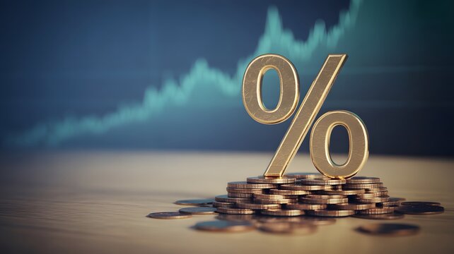 Financial Ascent: A golden percentage symbol rests on a stack of coins, symbolizing financial growth against the backdrop of a rising graph.
