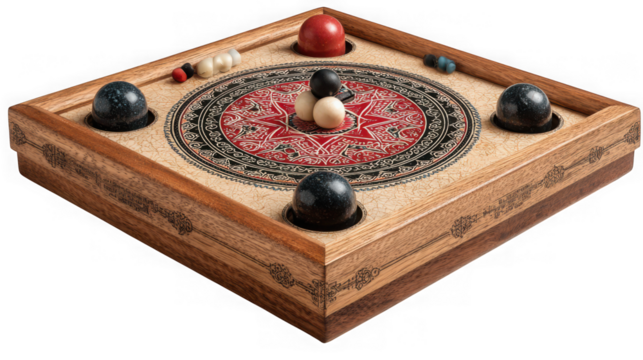 A carrom board game with black and white carrom men ready for a fun leisure time indoor activity and recreation isolated on transparent background