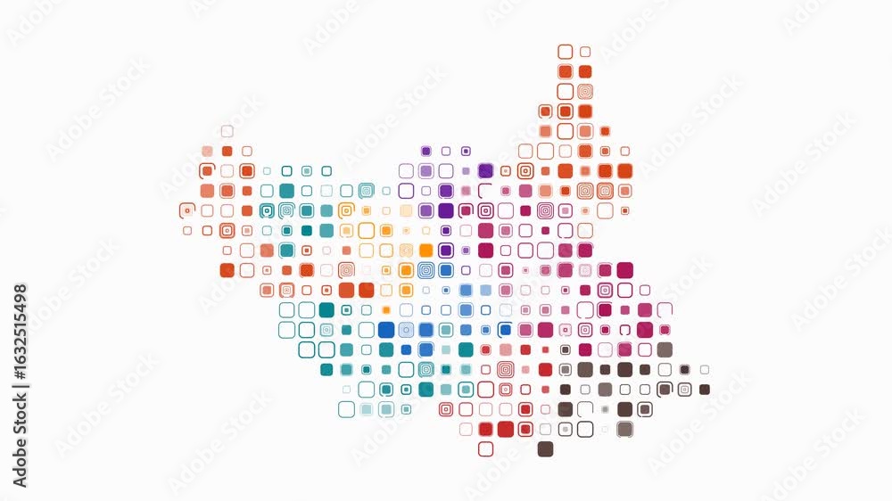 Poster south sudan animation. shape of the country with pulsating colored dots. large size rounded square b